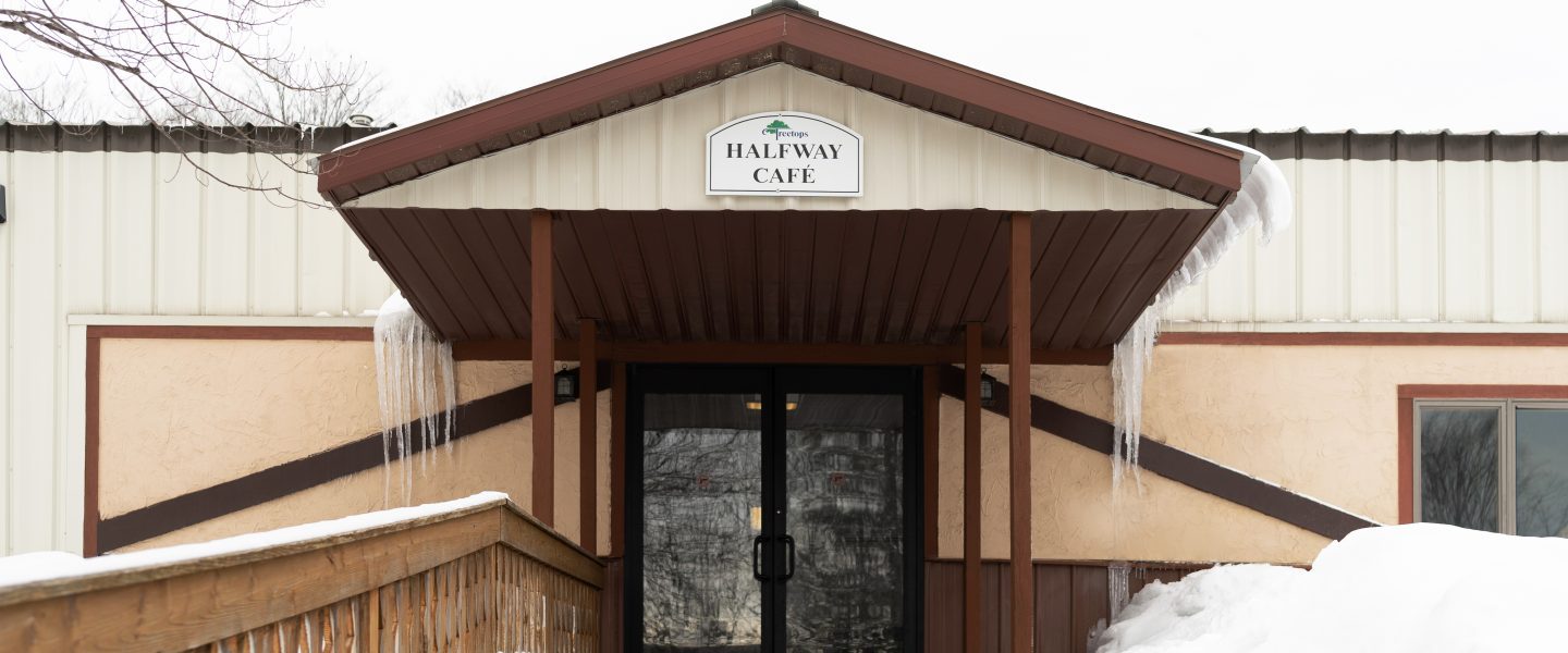 The entrance to The Halfway Cafe at Treetops Resort.