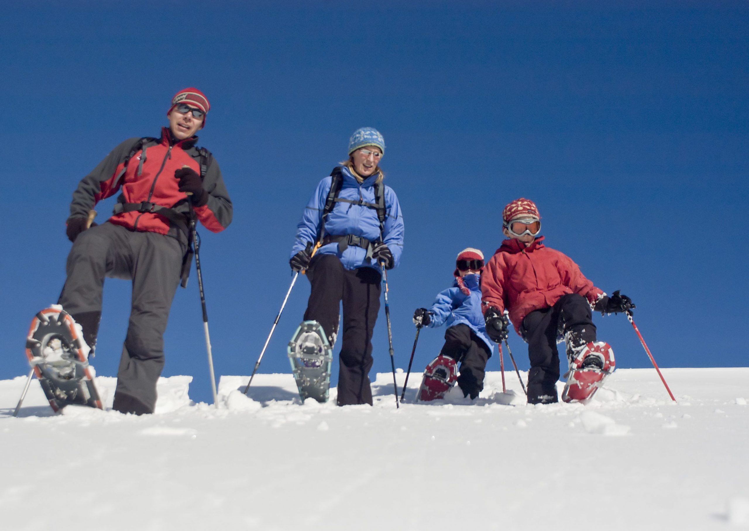 A family of four enjoys a snowshoeing excursion on a bright